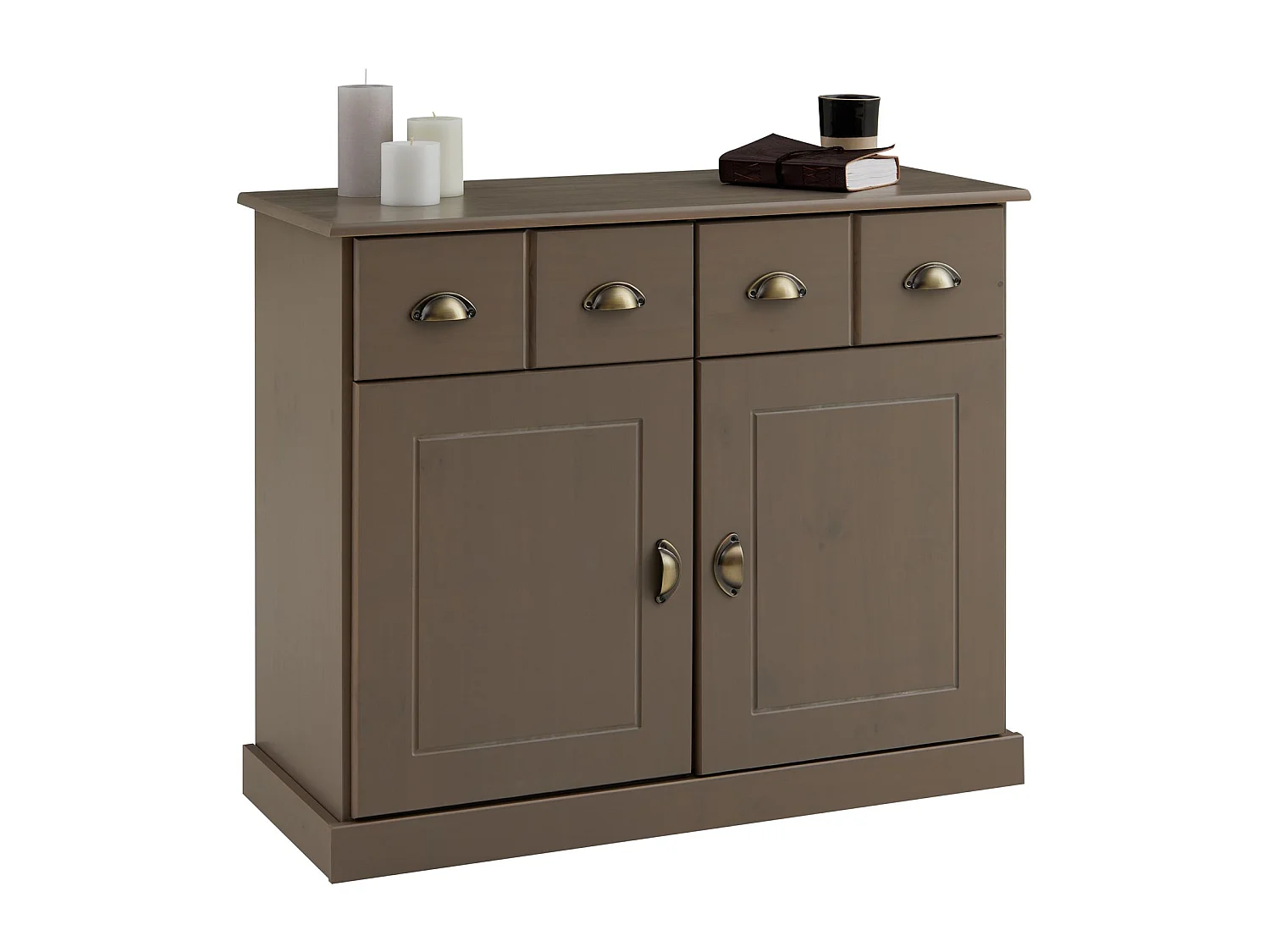 Buffet salle à manger PARIS en bois massif L 91 cm avec 2 portes battantes et 2 tiroirs spacieux, coloris taupe