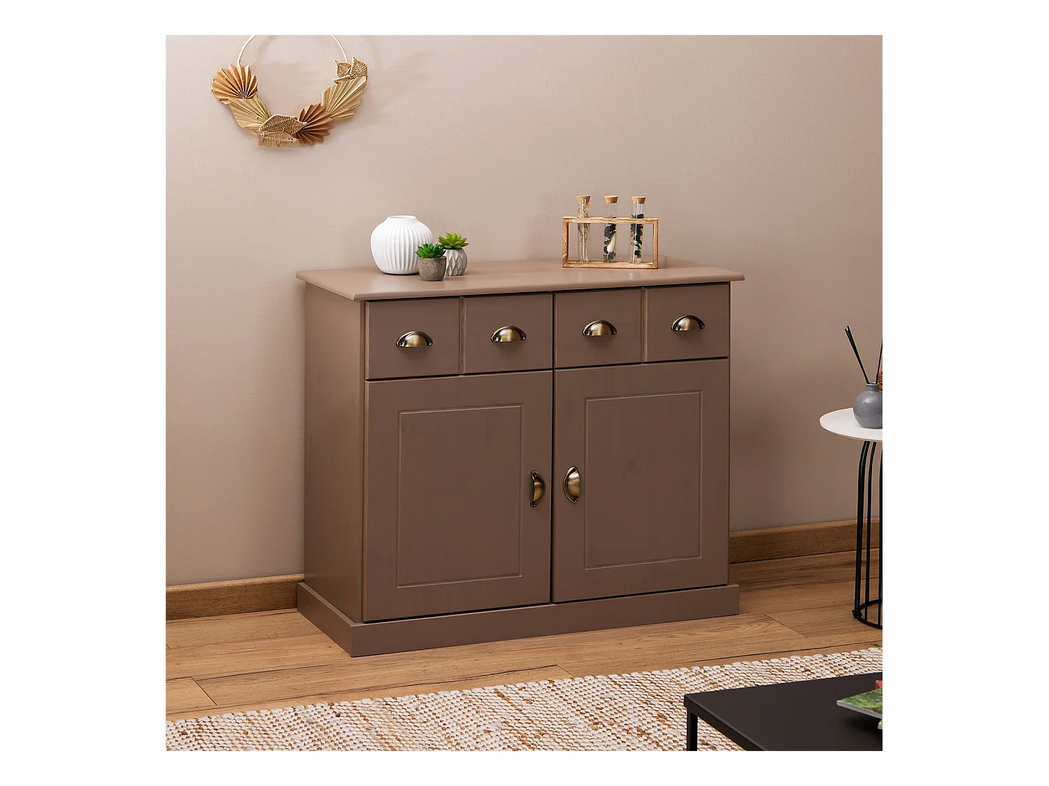 Buffet salle à manger PARIS en bois massif L 91 cm avec 2 portes battantes et 2 tiroirs spacieux, coloris taupe