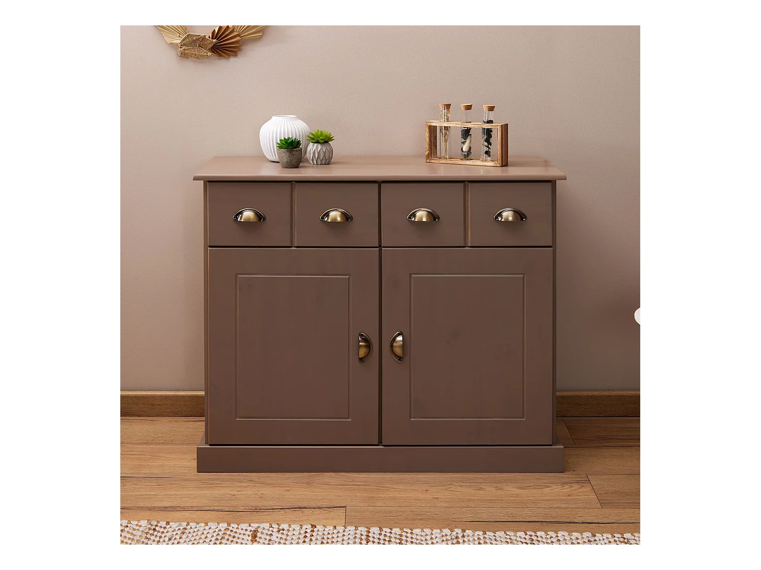 Buffet salle à manger PARIS en bois massif L 91 cm avec 2 portes battantes et 2 tiroirs spacieux, coloris taupe