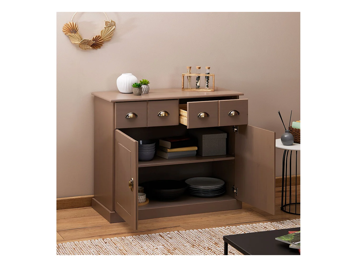 Buffet salle à manger PARIS en bois massif L 91 cm avec 2 portes battantes et 2 tiroirs spacieux, coloris taupe