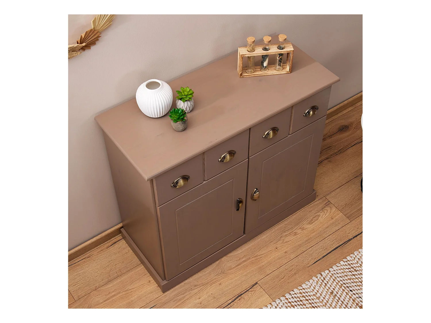 Buffet salle à manger PARIS en bois massif L 91 cm avec 2 portes battantes et 2 tiroirs spacieux, coloris taupe