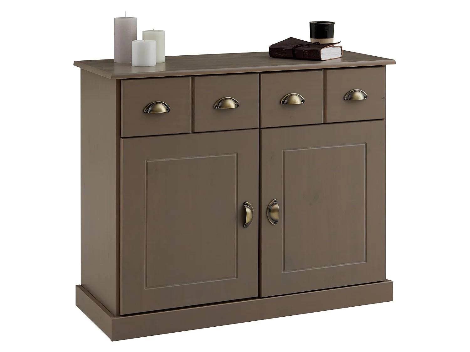 Buffet salle à manger PARIS en bois massif L 91 cm avec 2 portes battantes et 2 tiroirs spacieux, coloris taupe