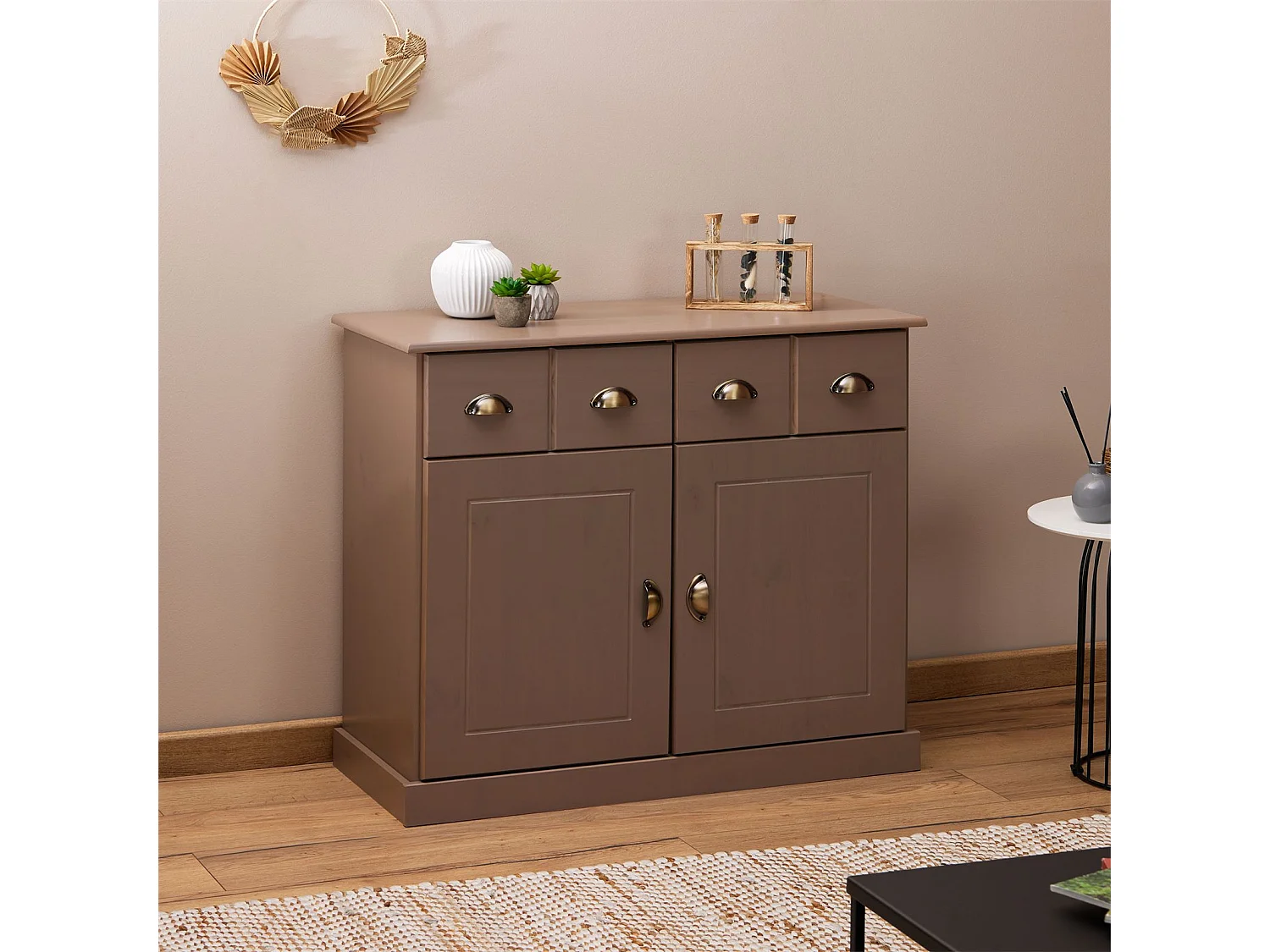 Buffet salle à manger PARIS en bois massif L 91 cm avec 2 portes battantes et 2 tiroirs spacieux, coloris taupe