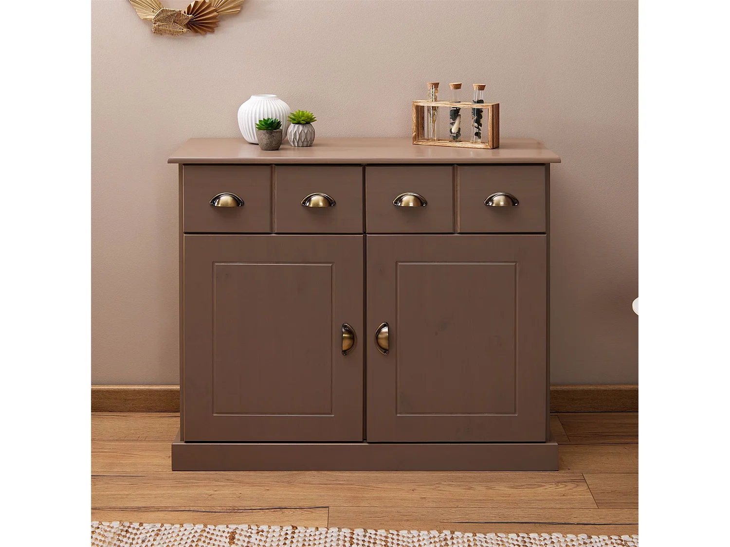 Buffet salle à manger PARIS en bois massif L 91 cm avec 2 portes battantes et 2 tiroirs spacieux, coloris taupe