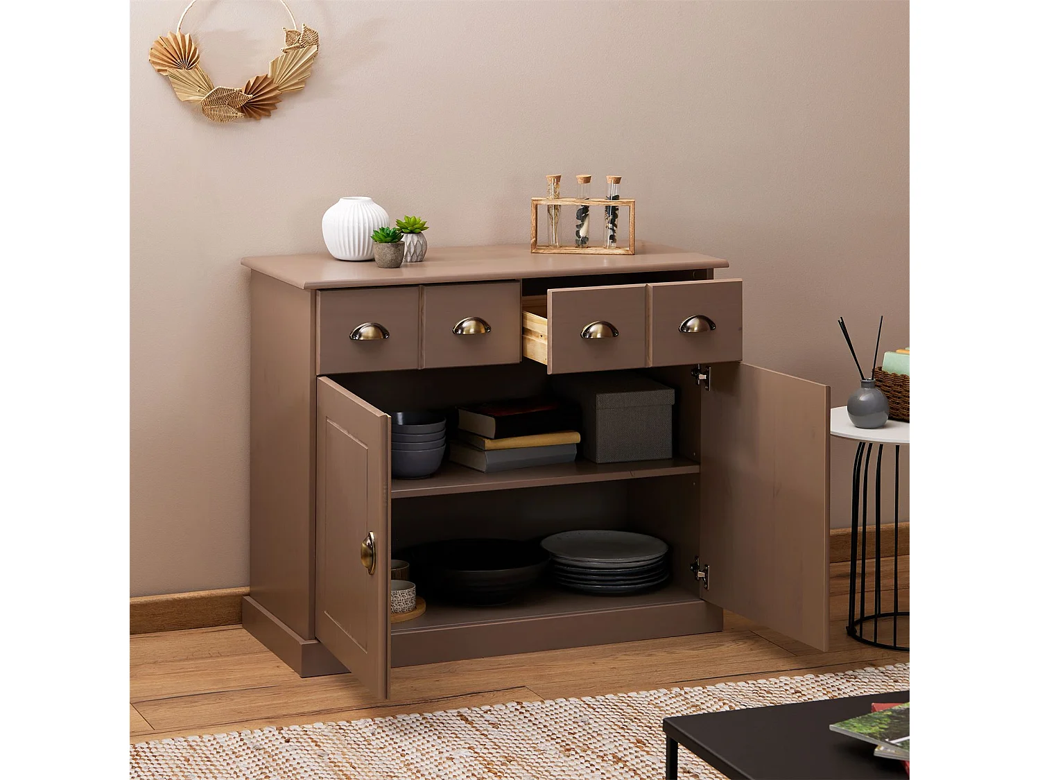 Buffet salle à manger PARIS en bois massif L 91 cm avec 2 portes battantes et 2 tiroirs spacieux, coloris taupe