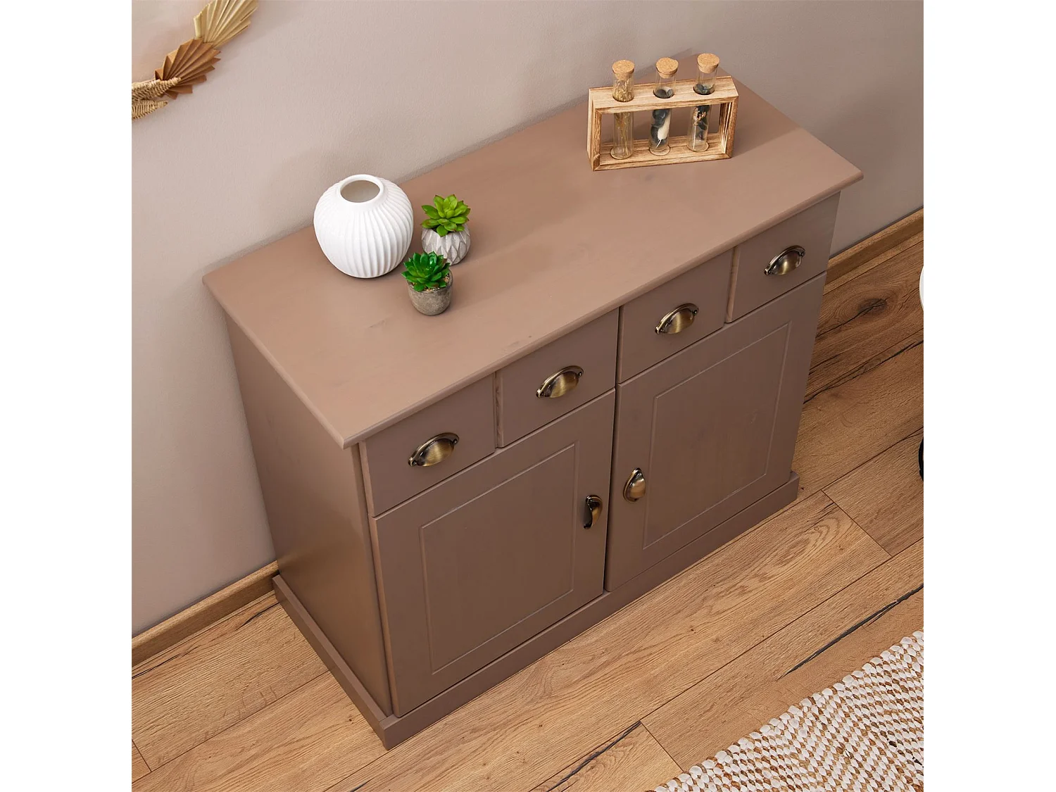 Buffet salle à manger PARIS en bois massif L 91 cm avec 2 portes battantes et 2 tiroirs spacieux, coloris taupe