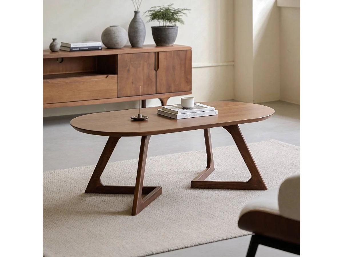 Mesa de centro ovalada con almacenamiento en madera de mango Augustin