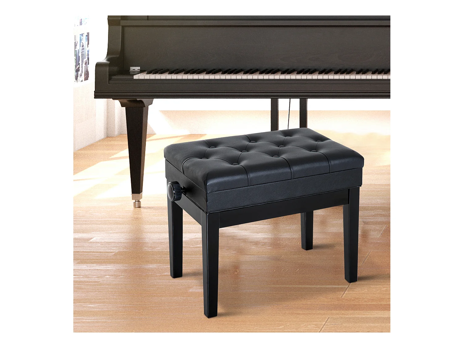 HOMCOM Banquette tabouret siège pour piano hauteur réglable 55L x 33l x 48-58H cm coffre de rangement interne assise revêtement synthétique capitonné bois noir