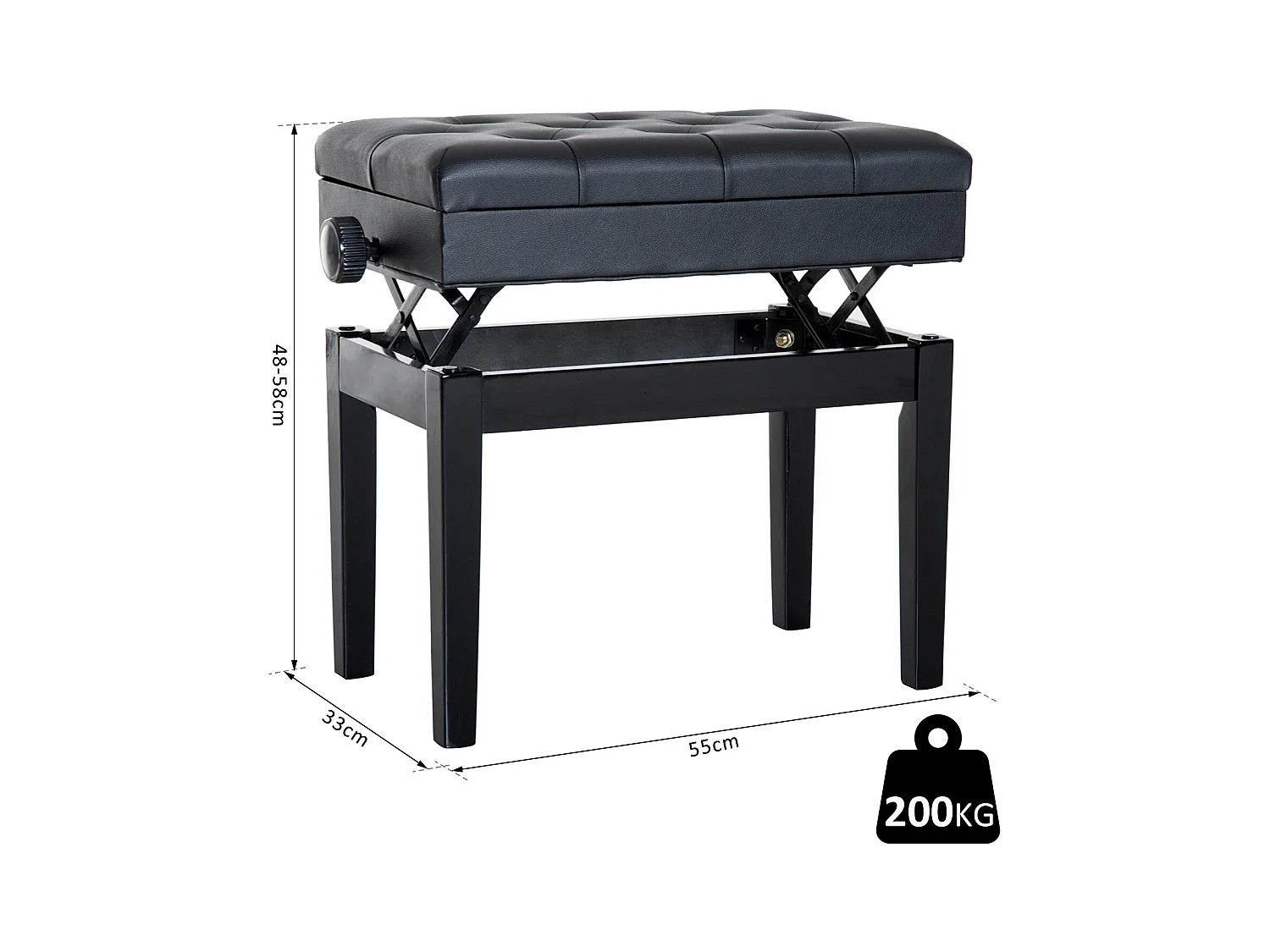HOMCOM Banquette tabouret siège pour piano hauteur réglable 55L x 33l x 48-58H cm coffre de rangement interne assise revêtement synthétique capitonné bois noir