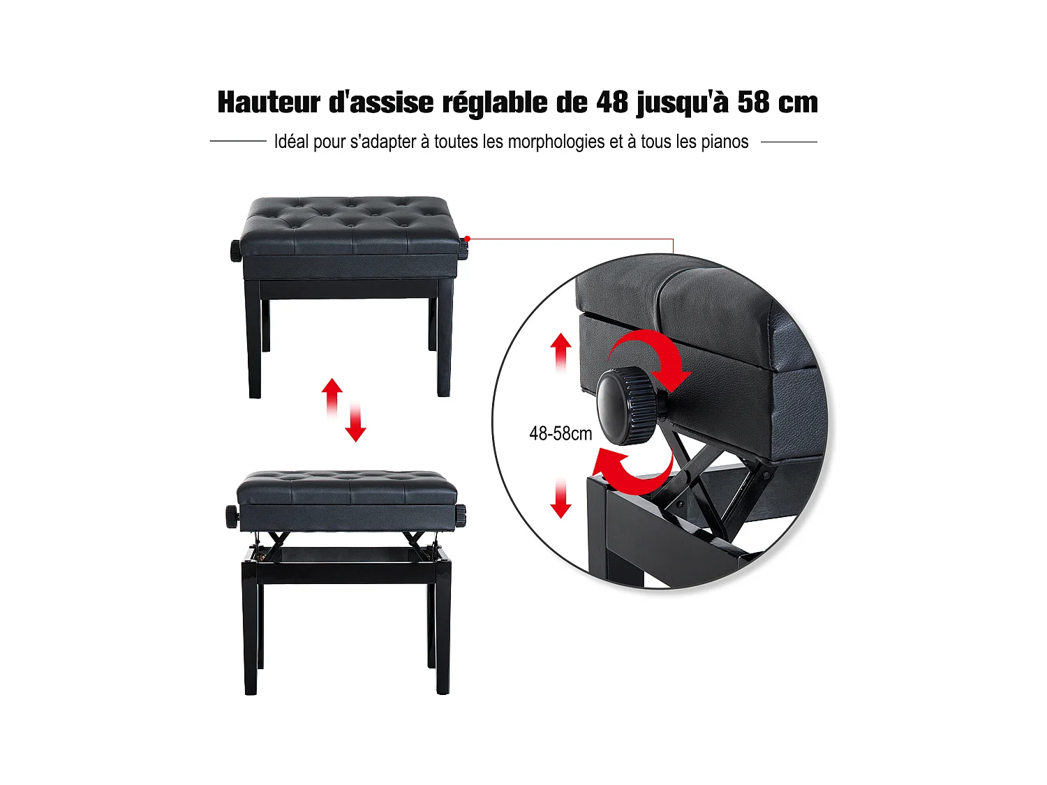 HOMCOM Banquette tabouret siège pour piano hauteur réglable 55L x 33l x 48-58H cm coffre de rangement interne assise revêtement synthétique capitonné bois noir