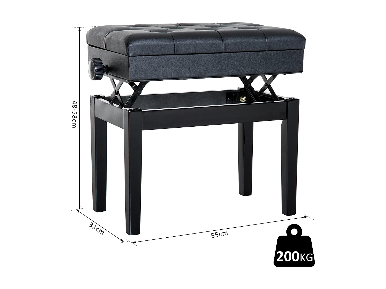 HOMCOM Banquette tabouret siège pour piano hauteur réglable 55L x 33l x 48-58H cm coffre de rangement interne assise revêtement synthétique capitonné bois noir