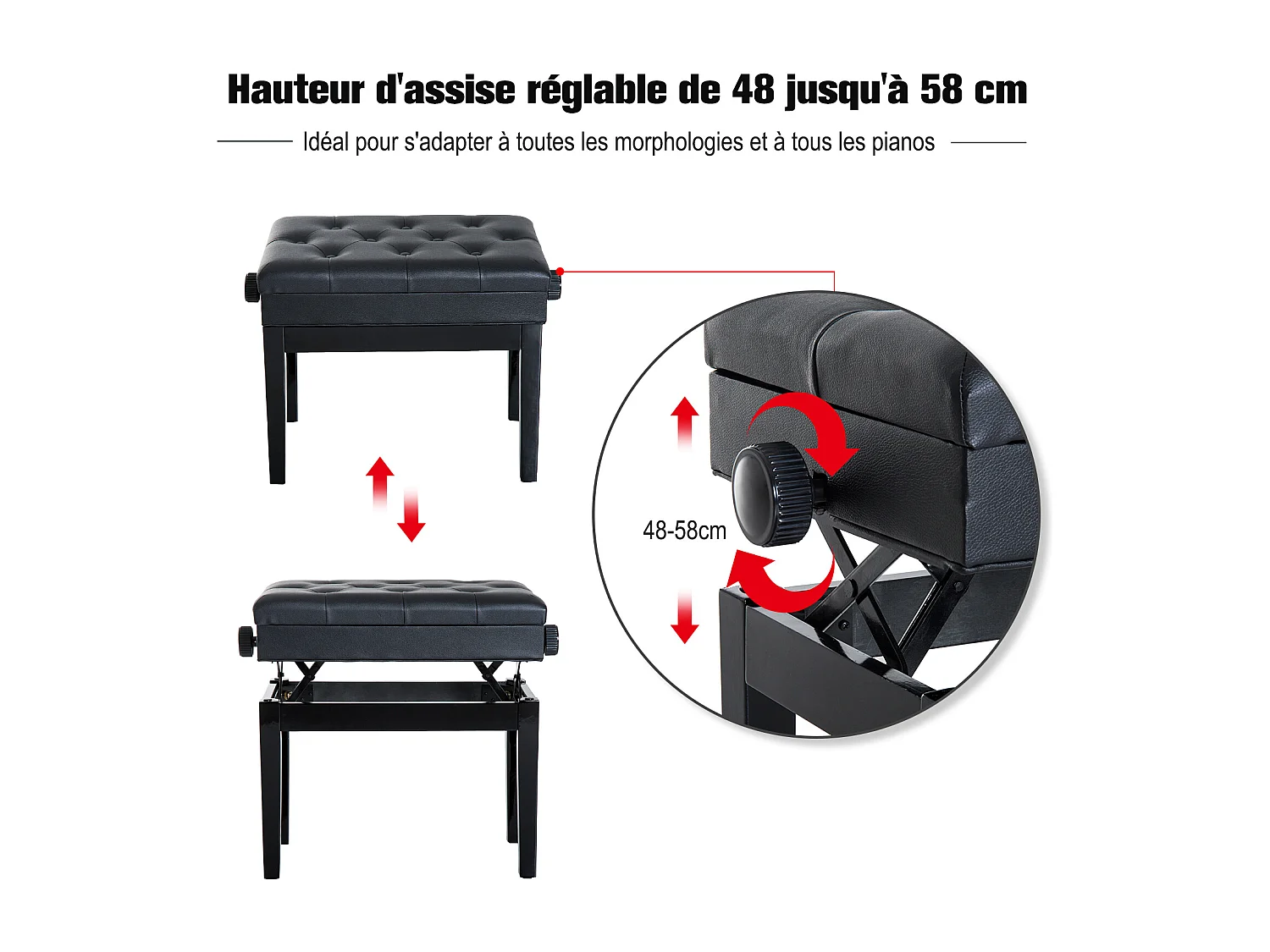 HOMCOM Banquette tabouret siège pour piano hauteur réglable 55L x 33l x 48-58H cm coffre de rangement interne assise revêtement synthétique capitonné bois noir