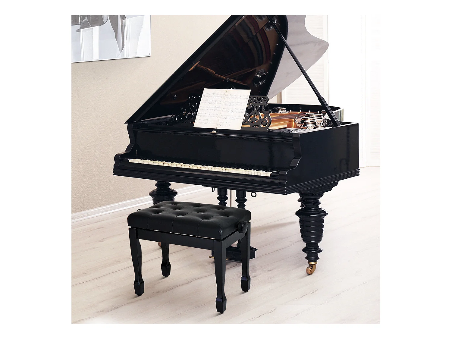 HOMCOM Banquette piano tabouret siege hauteur reglable noir bois revêtement synthétique