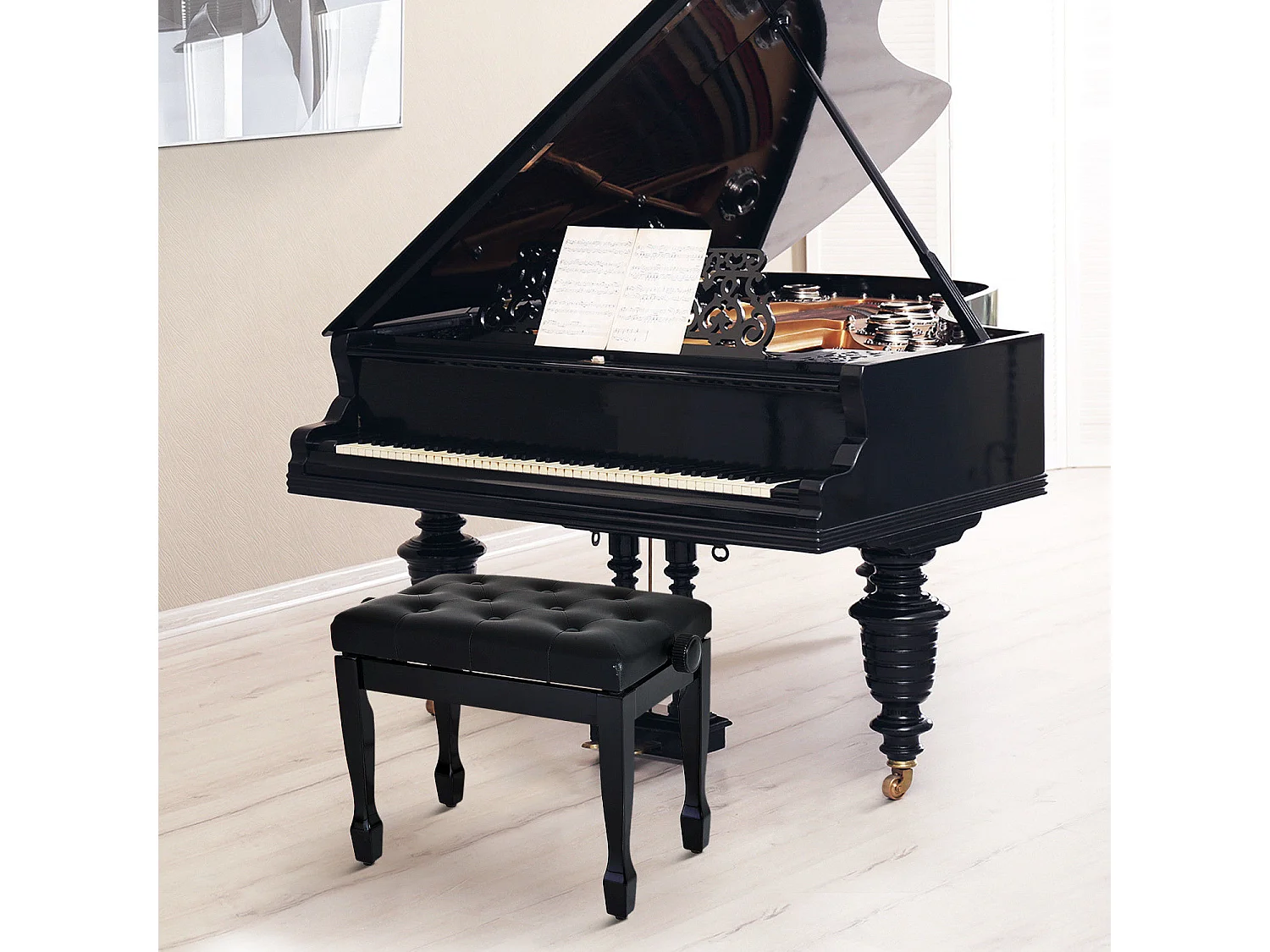 HOMCOM Banquette piano tabouret siege hauteur reglable noir bois revêtement synthétique