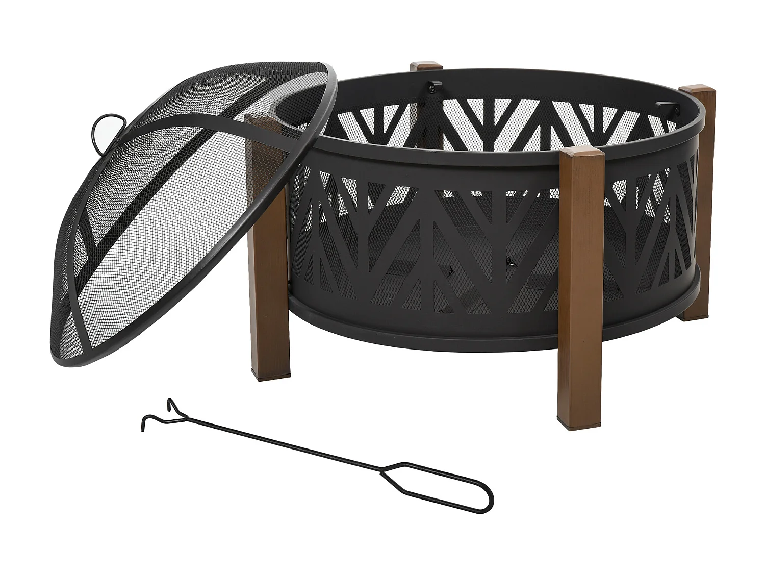 Brasero boule de feu cheminée foyer extérieur dim. Ø 78 x 60H cm grille couvercle tisonnier métal noir marron