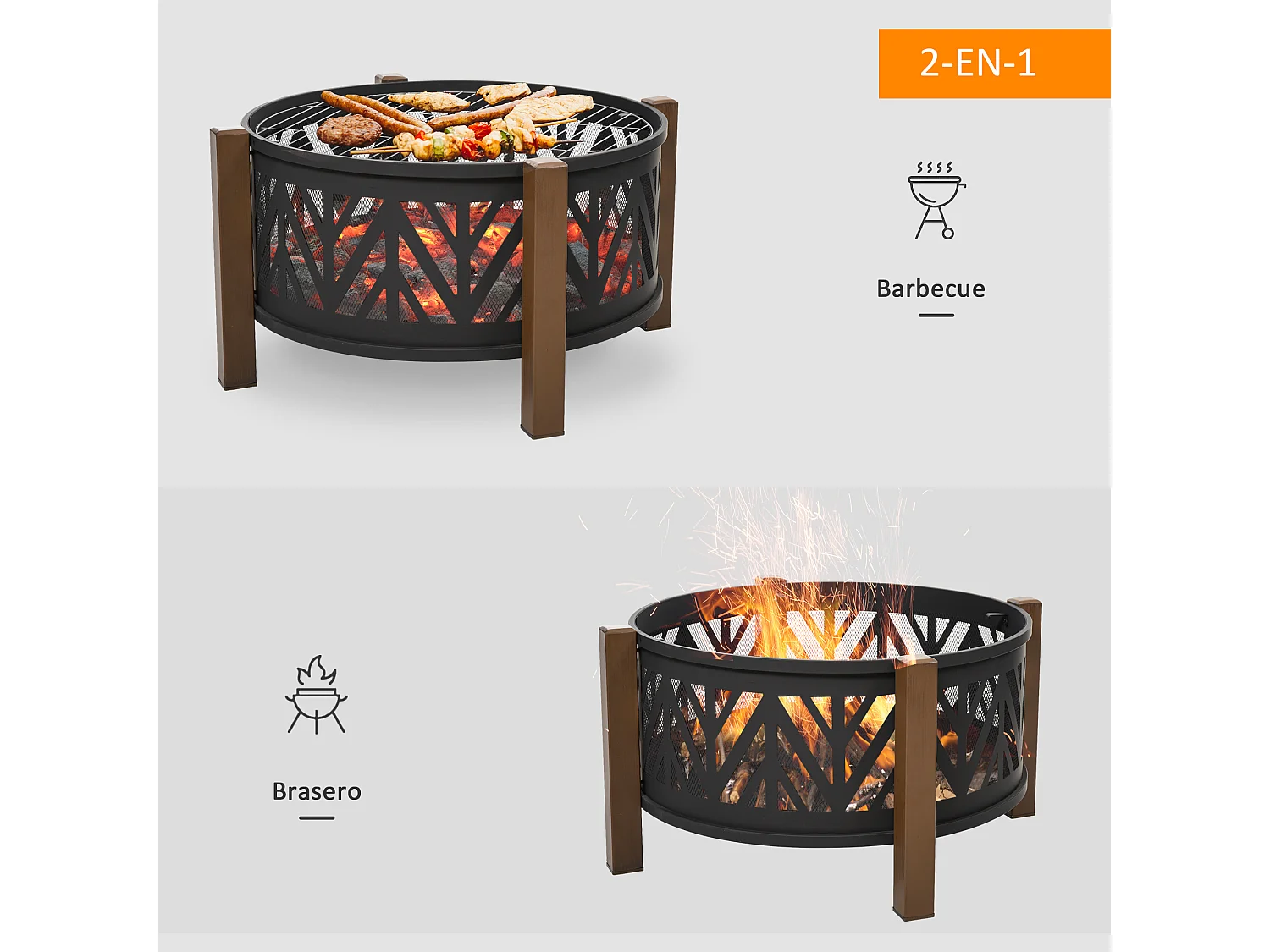 Brasero boule de feu cheminée foyer extérieur dim. Ø 78 x 60H cm grille couvercle tisonnier métal noir marron