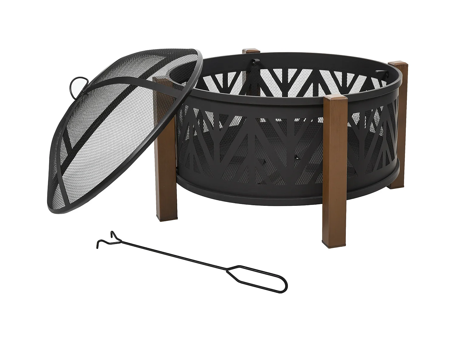 Brasero boule de feu cheminée foyer extérieur dim. Ø 78 x 60H cm grille couvercle tisonnier métal noir marron