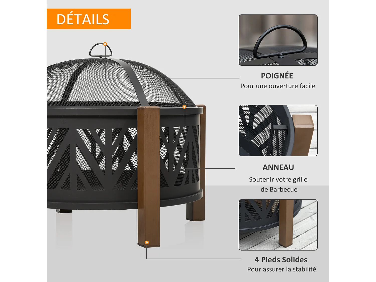 Brasero boule de feu cheminée foyer extérieur dim. Ø 78 x 60H cm grille couvercle tisonnier métal noir marron