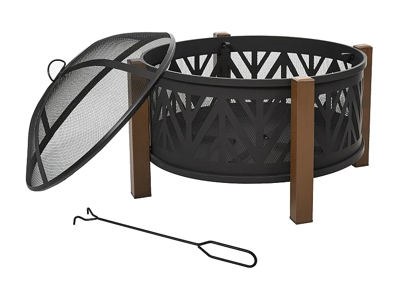 Brasero boule de feu cheminée foyer extérieur dim. Ø 78 x 60H cm grille couvercle tisonnier métal noir marron