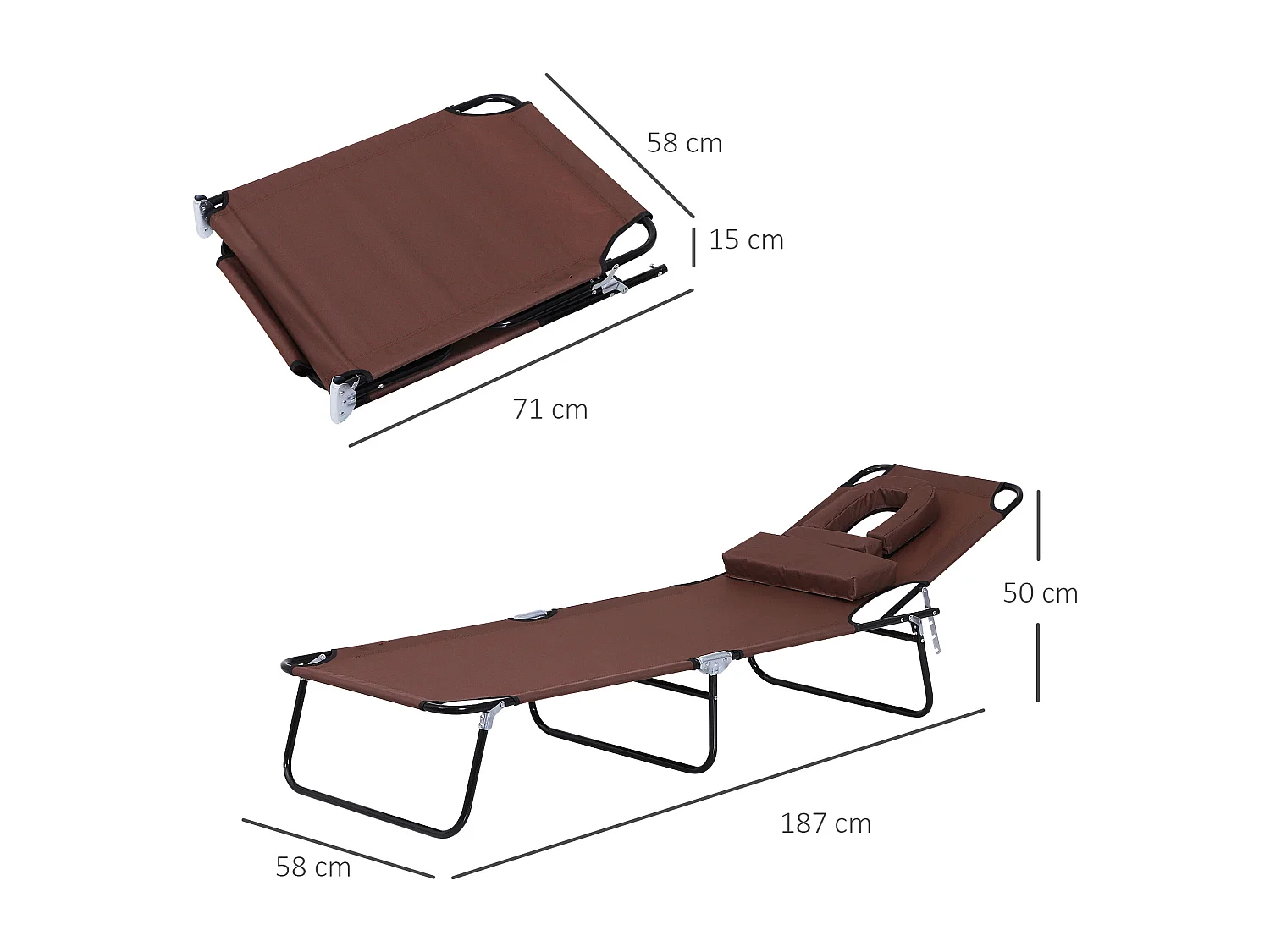 Bain de soleil pliable transat inclinable 4 positions chaise longue de lecture 3 coussins fournis marron