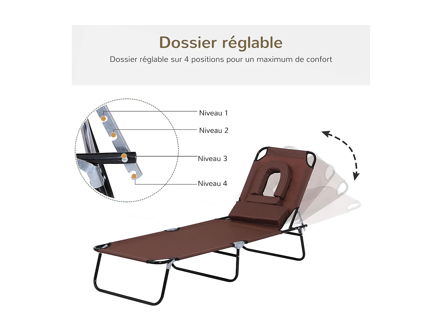 Bain de soleil pliable transat inclinable 4 positions chaise longue de lecture 3 coussins fournis marron