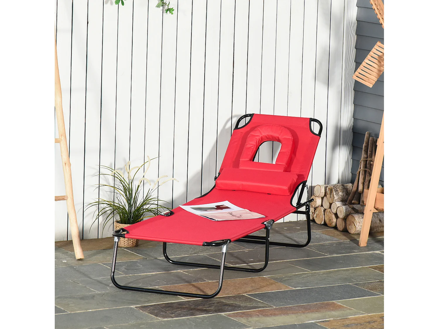 Bain de soleil pliable transat inclinable 4 positions chaise longue de lecture 3 coussins fournis rouge