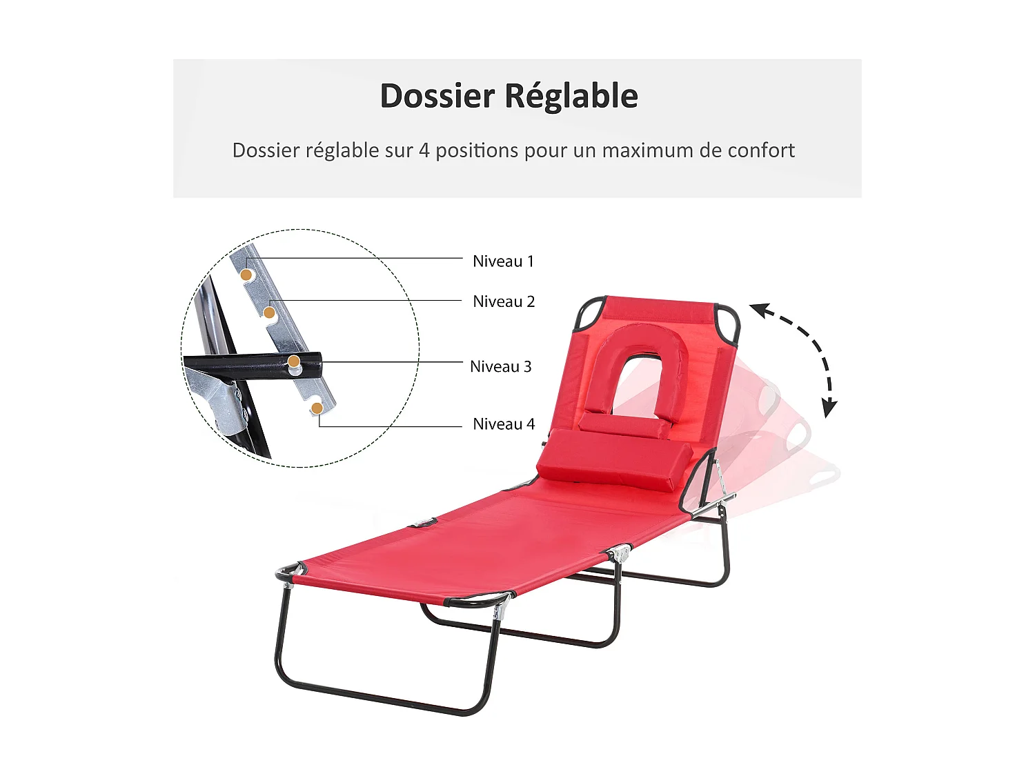 Bain de soleil pliable transat inclinable 4 positions chaise longue de lecture 3 coussins fournis rouge
