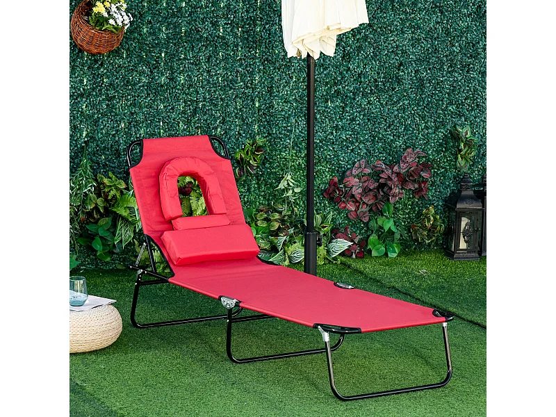 Bain de soleil pliable transat inclinable 4 positions chaise longue de lecture 3 coussins fournis rouge