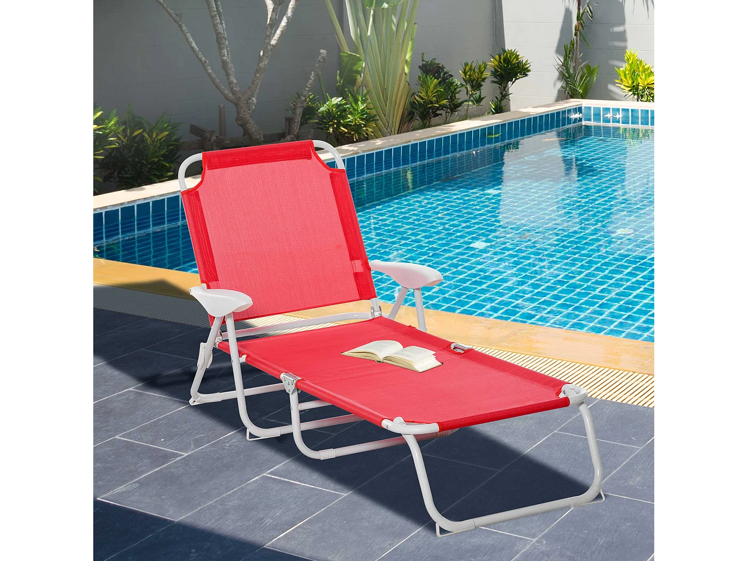 Bain de soleil pliable - transat inclinable 4 positions - chaise longue grand confort avec accoudoirs - métal époxy textilène - dim. 160L x 66l x 80H cm - rouge