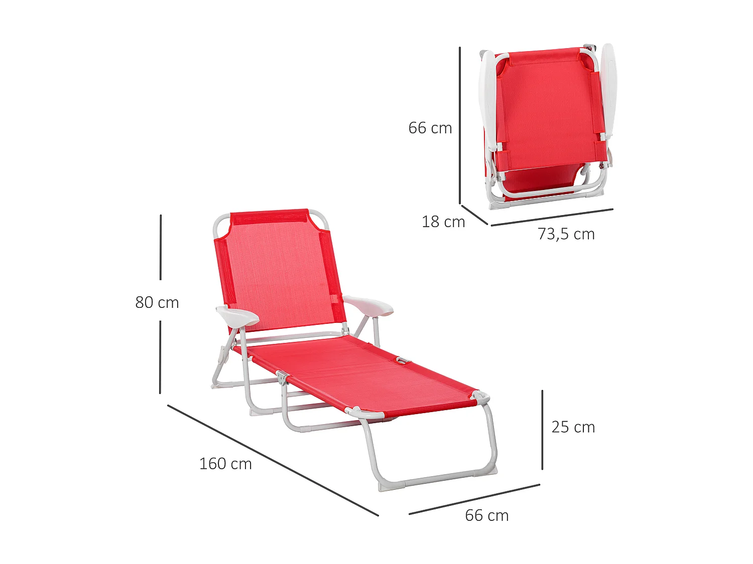 Bain de soleil pliable - transat inclinable 4 positions - chaise longue grand confort avec accoudoirs - métal époxy textilène - dim. 160L x 66l x 80H cm - rouge
