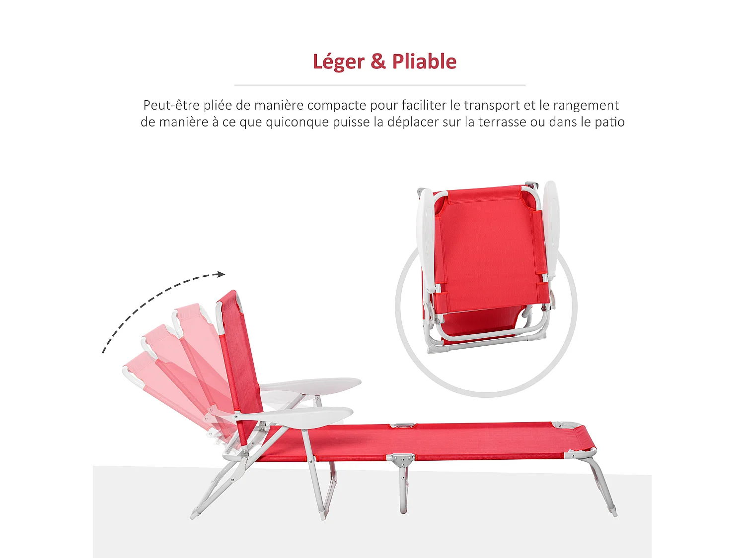 Bain de soleil pliable - transat inclinable 4 positions - chaise longue grand confort avec accoudoirs - métal époxy textilène - dim. 160L x 66l x 80H cm - rouge