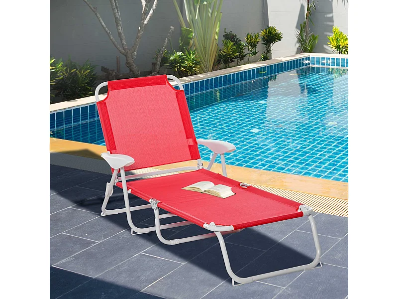 Bain de soleil pliable - transat inclinable 4 positions - chaise longue grand confort avec accoudoirs - métal époxy textilène - dim. 160L x 66l x 80H cm - rouge