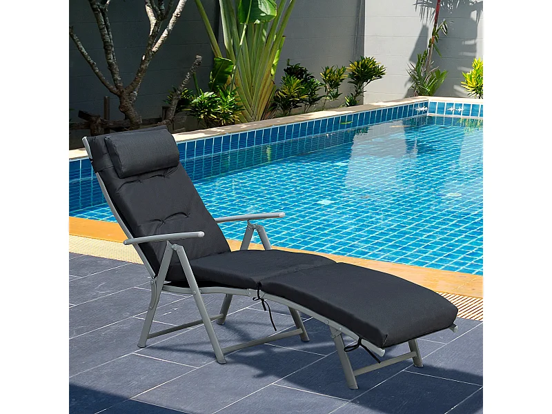 Bain de soleil pliable transat inclinable 7 positions chaise longue grand confort avec matelas + accoudoirs métal époxy textilène polyester noir