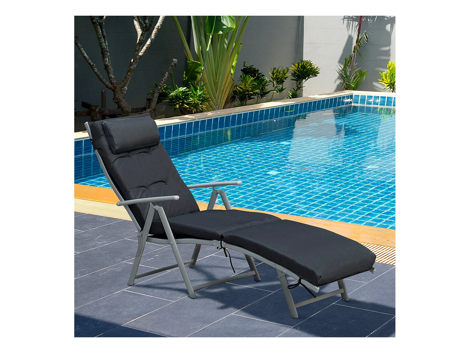 Bain de soleil pliable transat inclinable 7 positions chaise longue grand confort avec matelas + accoudoirs métal époxy textilène polyester noir