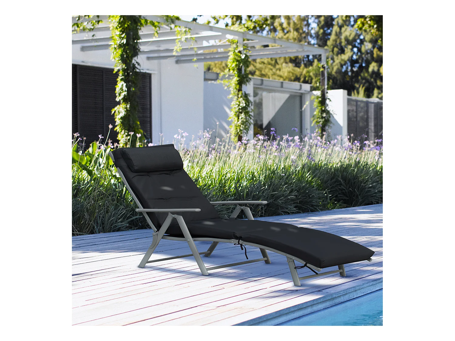 Bain de soleil pliable transat inclinable 7 positions chaise longue grand confort avec matelas + accoudoirs métal époxy textilène polyester noir