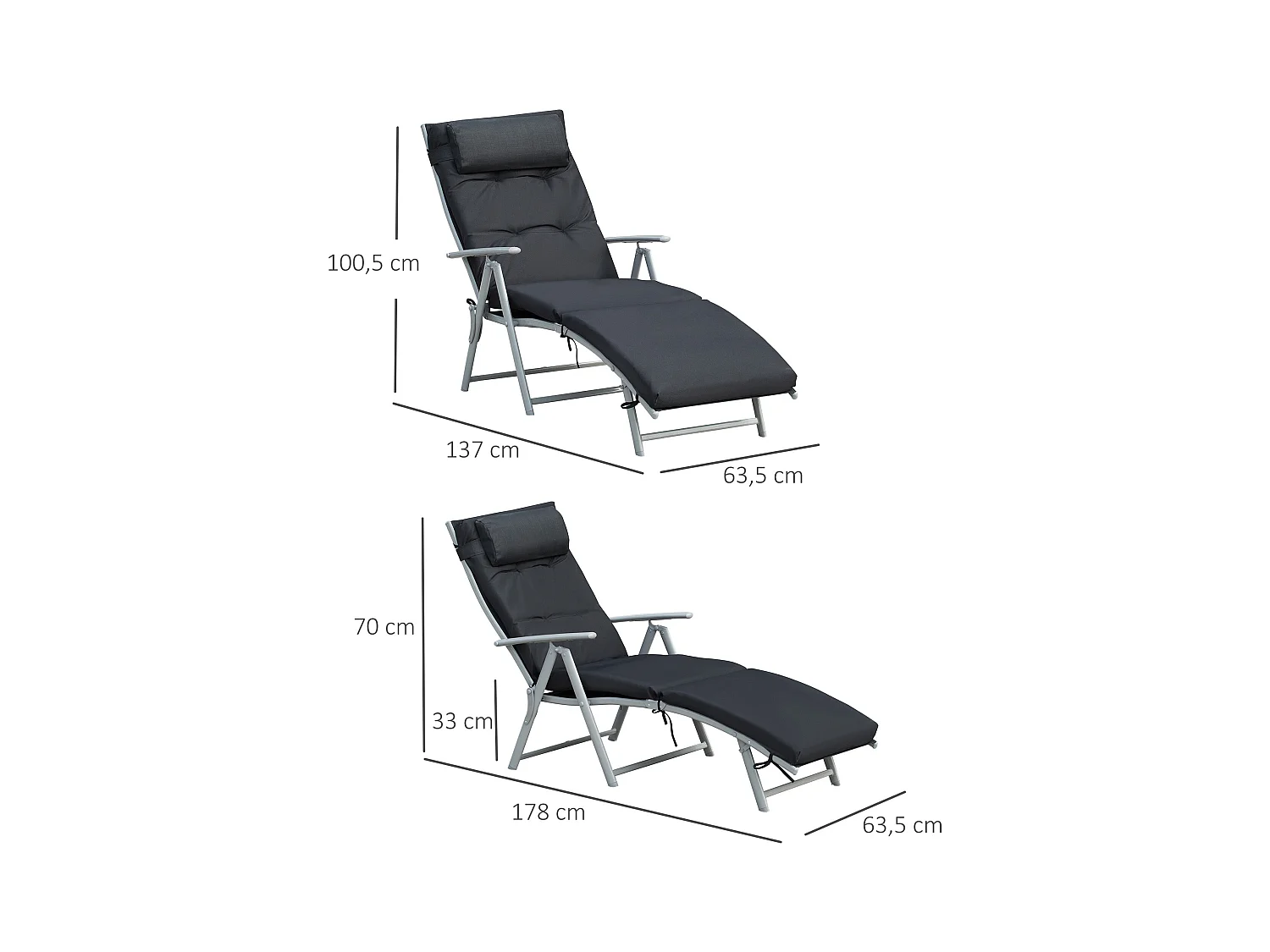 Bain de soleil pliable transat inclinable 7 positions chaise longue grand confort avec matelas + accoudoirs métal époxy textilène polyester noir