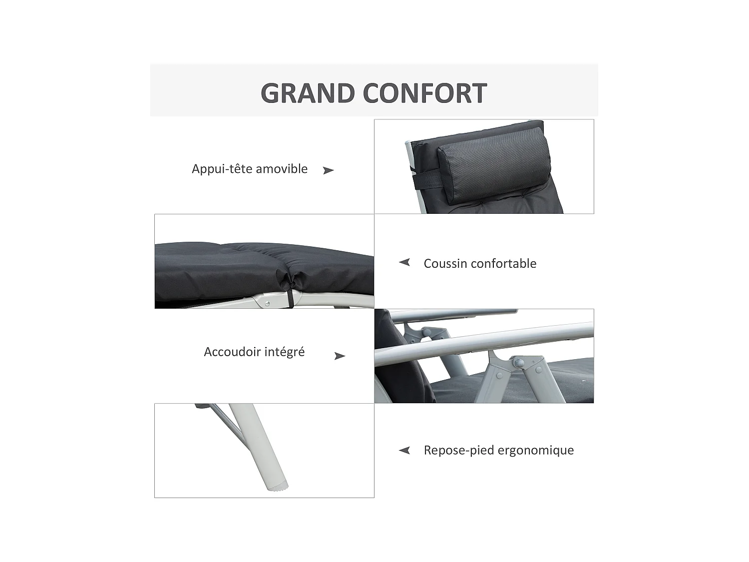 Bain de soleil pliable transat inclinable 7 positions chaise longue grand confort avec matelas + accoudoirs métal époxy textilène polyester noir