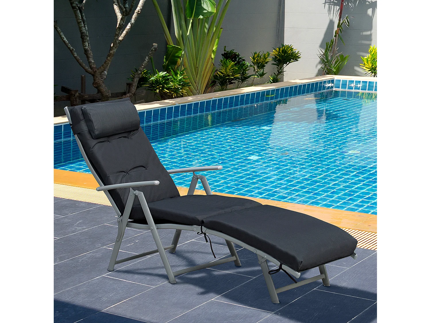 Bain de soleil pliable transat inclinable 7 positions chaise longue grand confort avec matelas + accoudoirs métal époxy textilène polyester noir