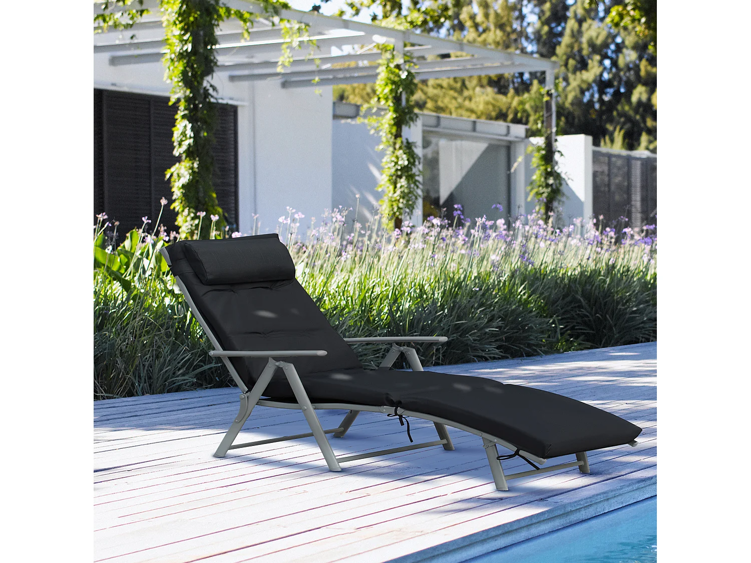 Bain de soleil pliable transat inclinable 7 positions chaise longue grand confort avec matelas + accoudoirs métal époxy textilène polyester noir