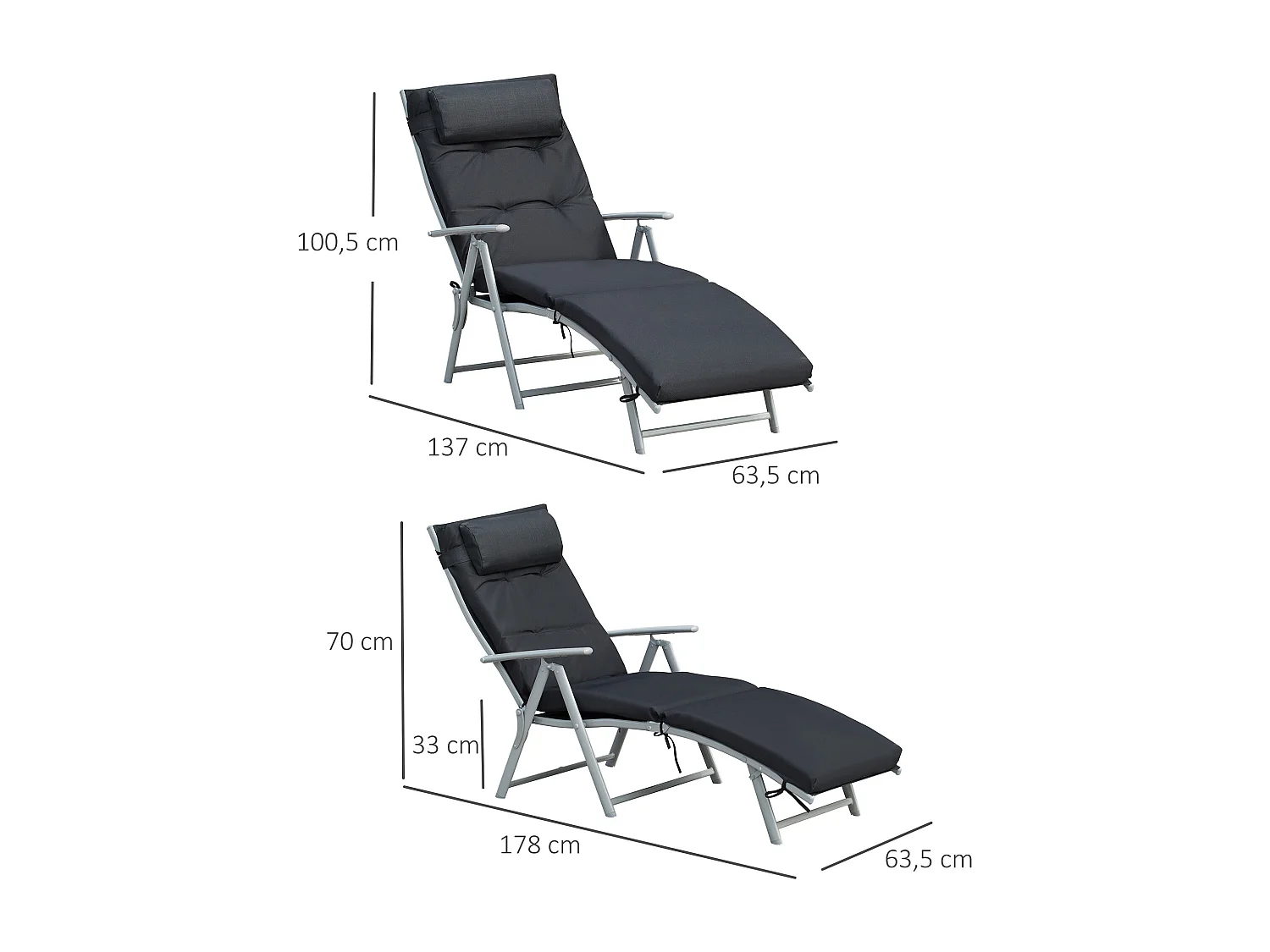 Bain de soleil pliable transat inclinable 7 positions chaise longue grand confort avec matelas + accoudoirs métal époxy textilène polyester noir