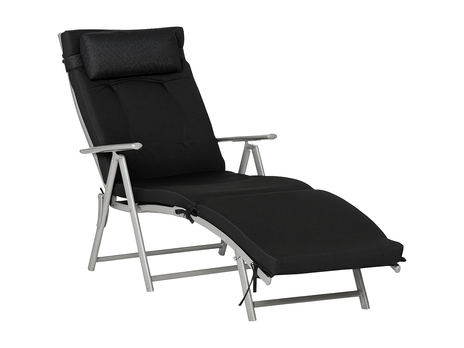 Bain de soleil pliable transat inclinable 7 positions chaise longue grand confort avec matelas + accoudoirs métal époxy textilène polyester noir