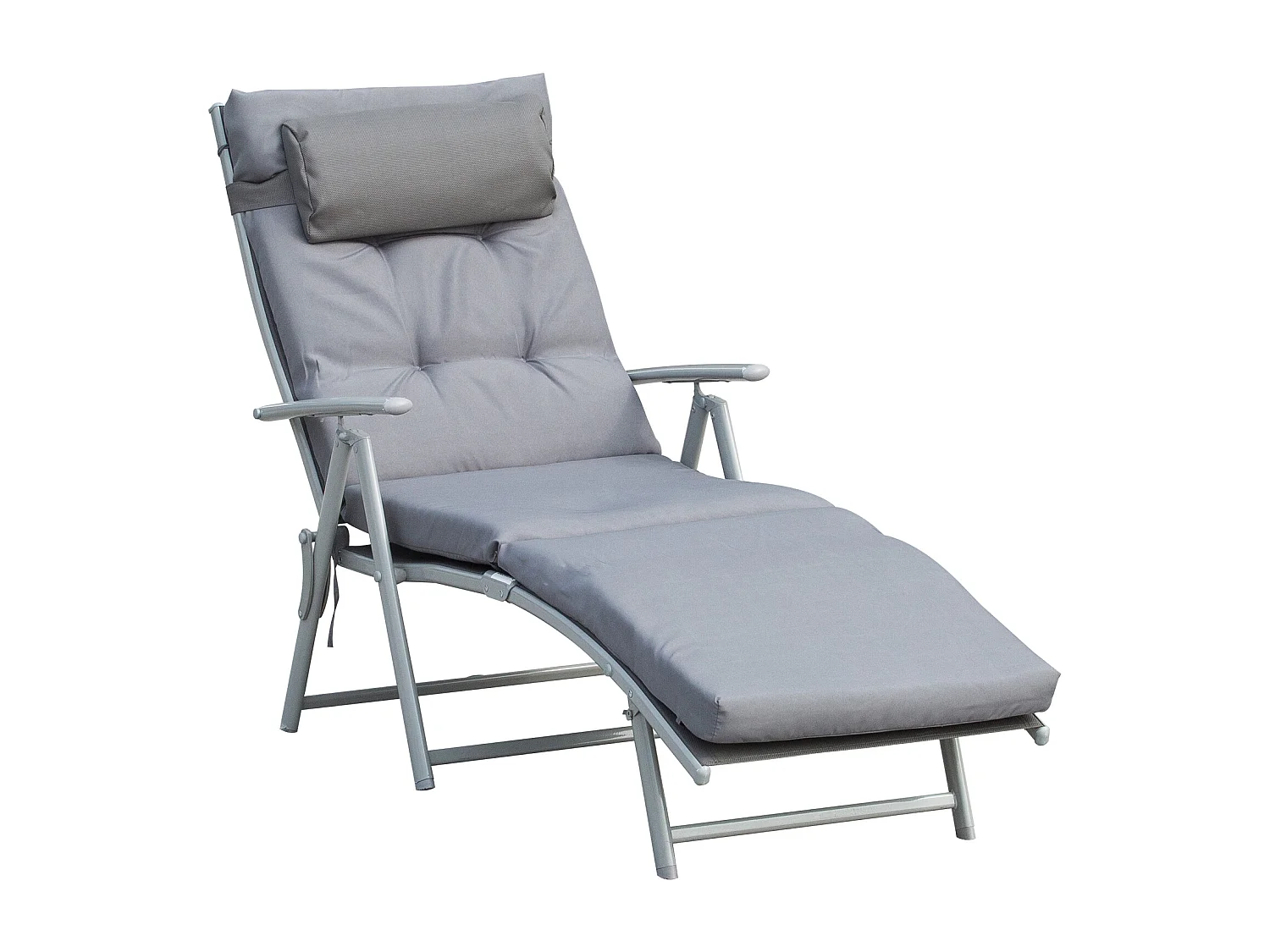 Bain de soleil pliable transat inclinable 7 positions chaise longue grand confort avec matelas + accoudoirs métal époxy textilène polyester gris