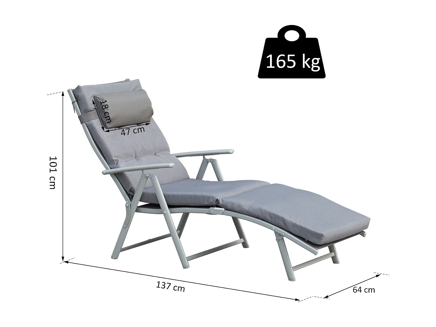 Bain de soleil pliable transat inclinable 7 positions chaise longue grand confort avec matelas + accoudoirs métal époxy textilène polyester gris
