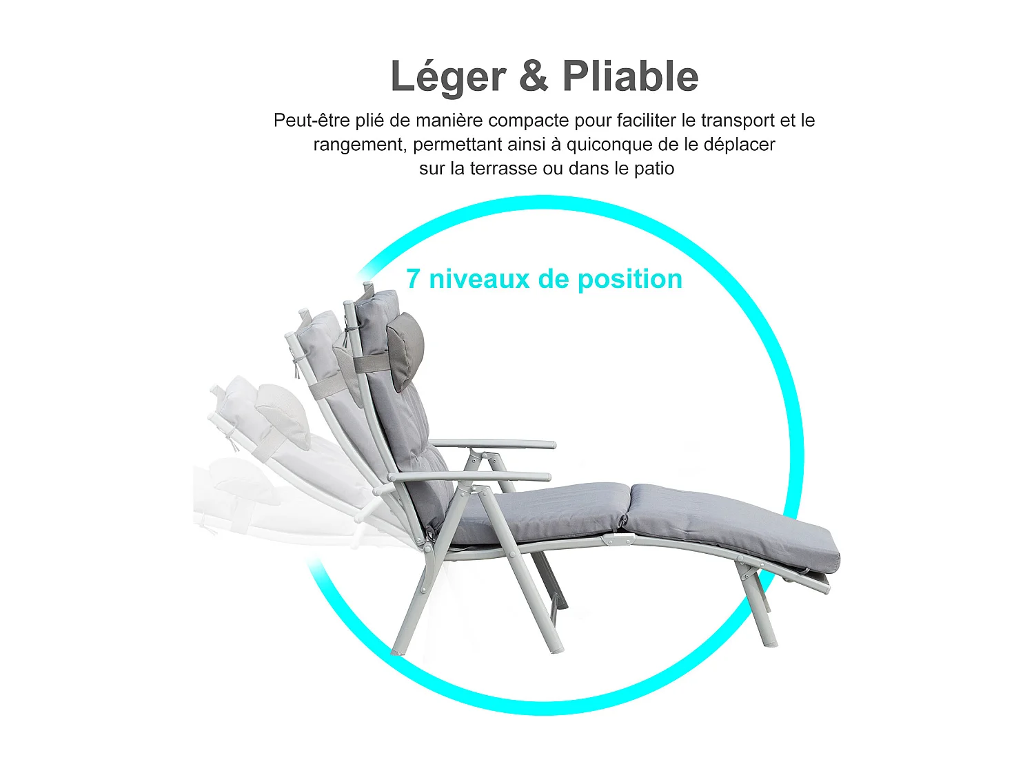 Bain de soleil pliable transat inclinable 7 positions chaise longue grand confort avec matelas + accoudoirs métal époxy textilène polyester gris