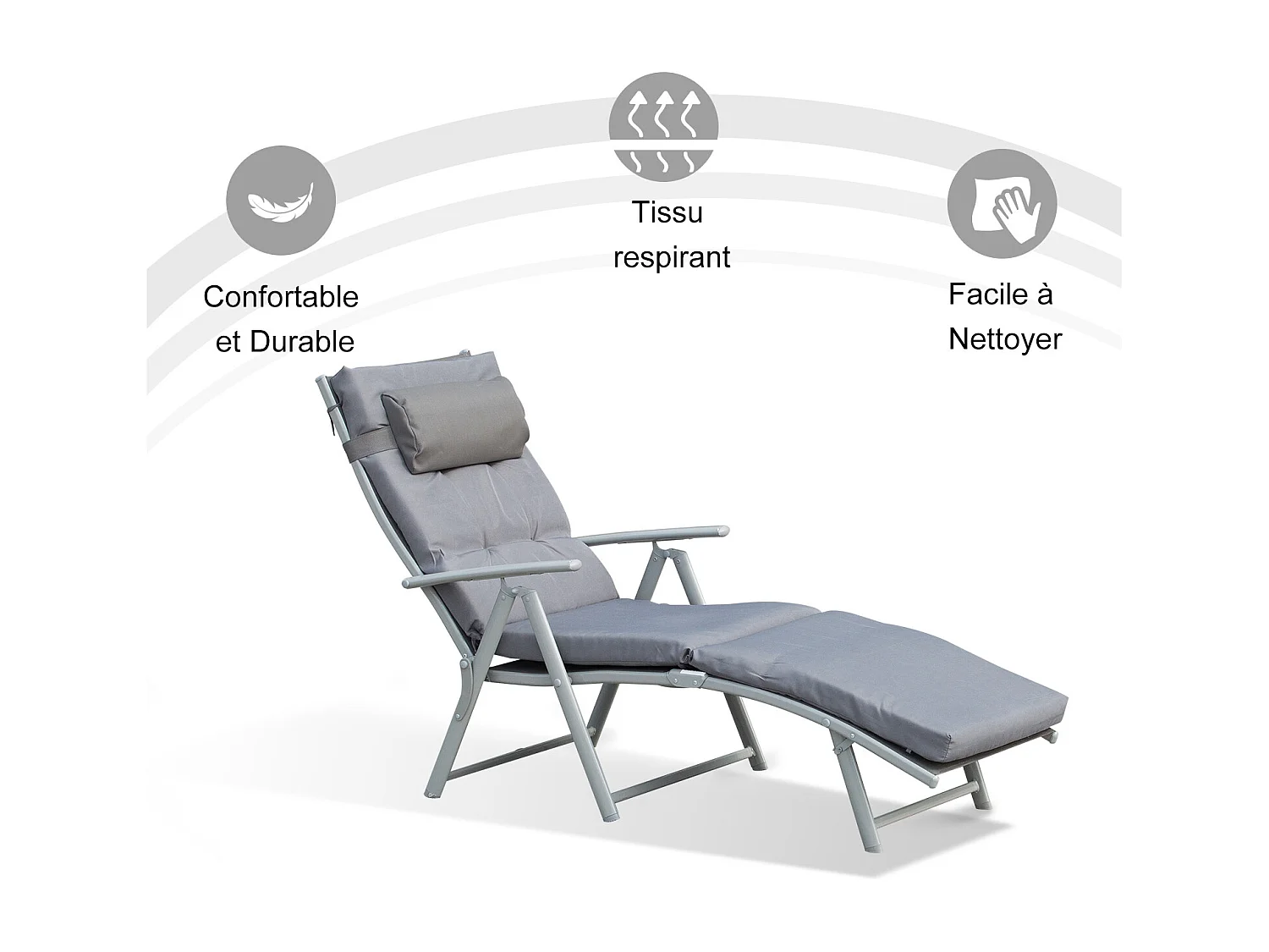 Bain de soleil pliable transat inclinable 7 positions chaise longue grand confort avec matelas + accoudoirs métal époxy textilène polyester gris