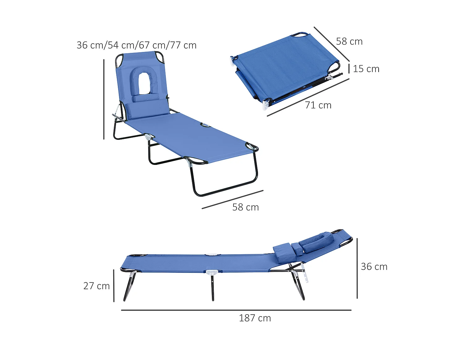 Bain de soleil pliable transat inclinable 4 positions chaise longue de lecture 3 coussins fournis bleu
