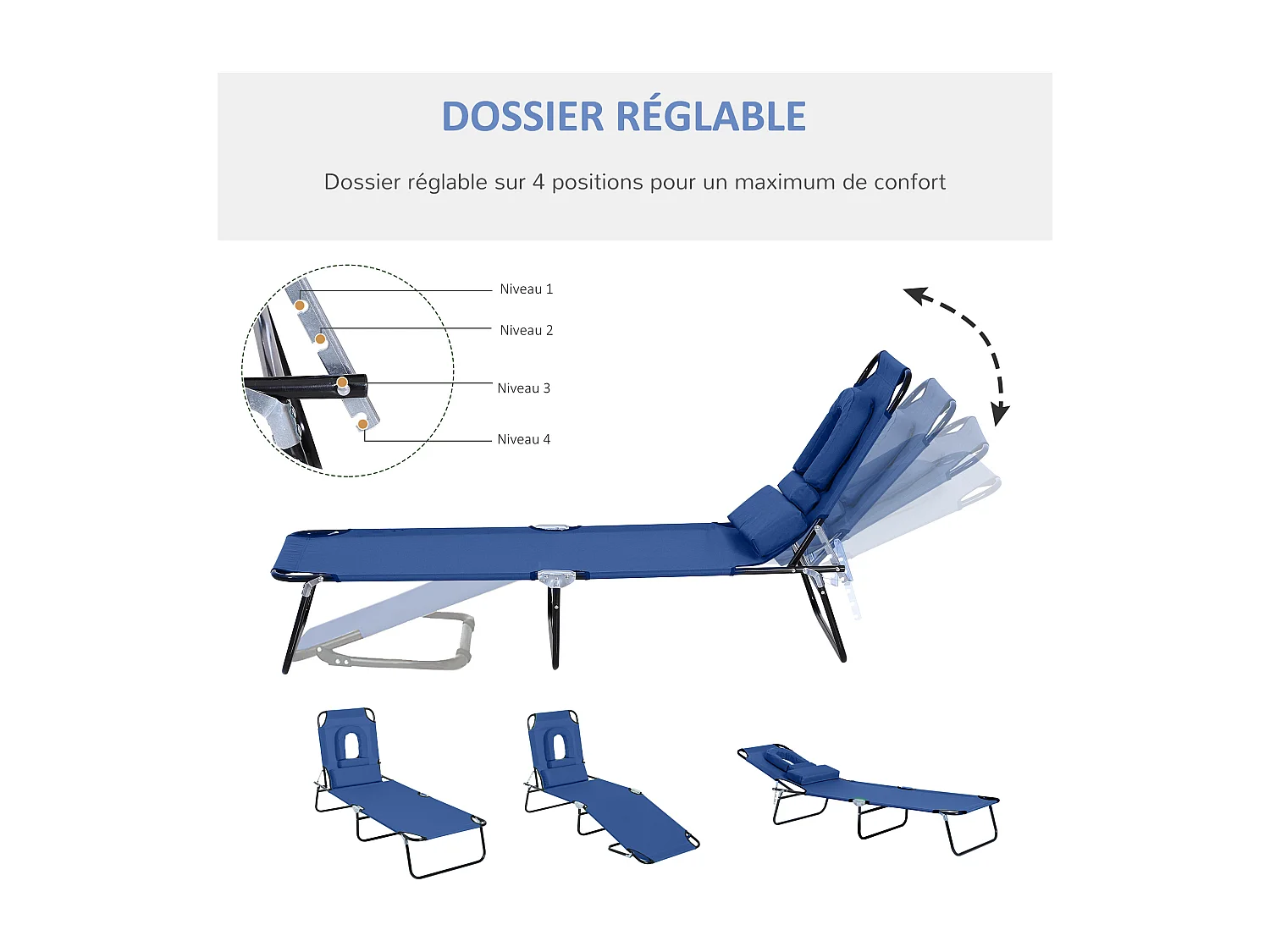Bain de soleil pliable transat inclinable 4 positions chaise longue de lecture 3 coussins fournis bleu