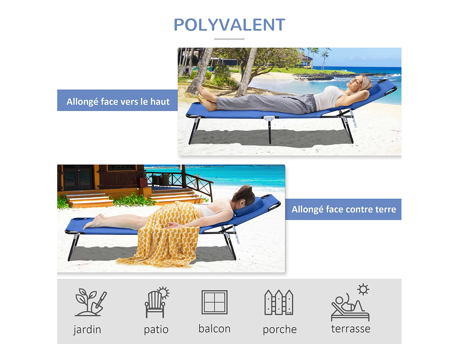 Bain de soleil pliable transat inclinable 4 positions chaise longue de lecture 3 coussins fournis bleu