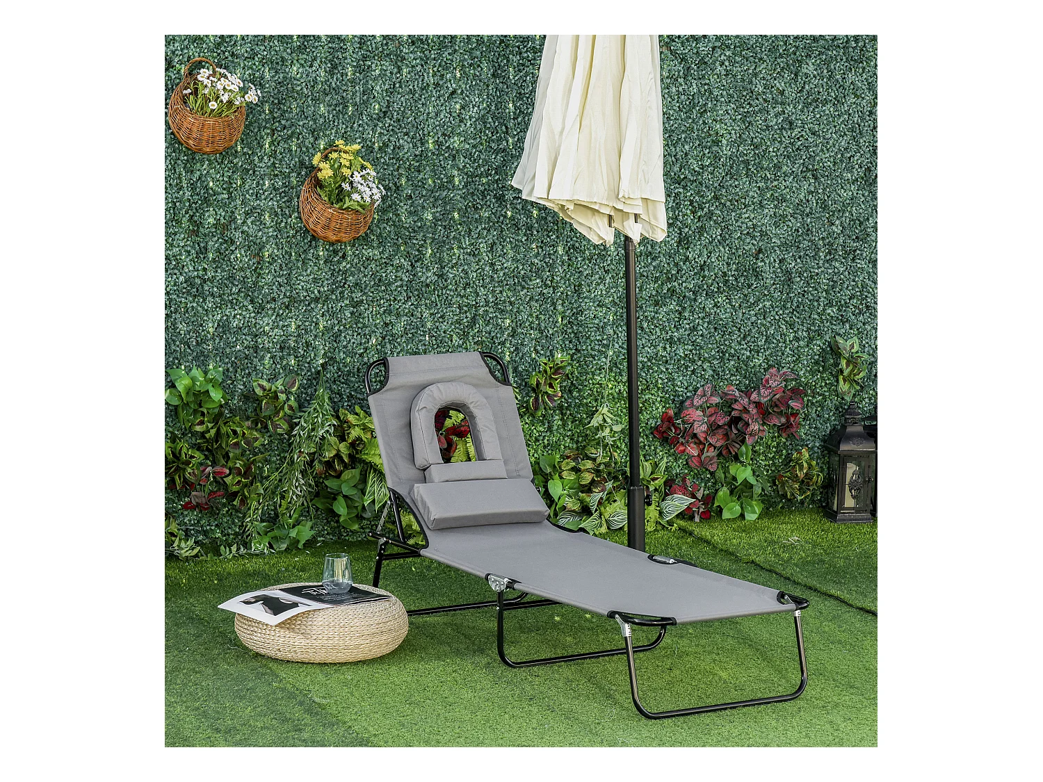 Bain de soleil pliable transat inclinable 4 positions chaise longue de lecture 3 coussins fournis gris