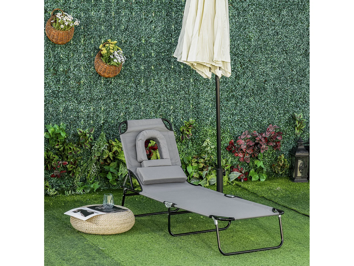 Bain de soleil pliable transat inclinable 4 positions chaise longue de lecture 3 coussins fournis gris